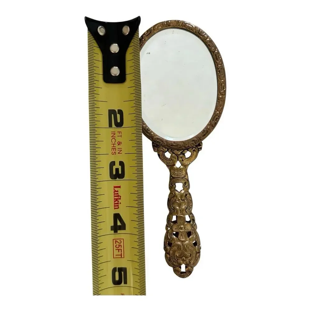 Small Floral Needlepoint Embroidery Brass Filigree Hand Mirror Oval Vintage 5”